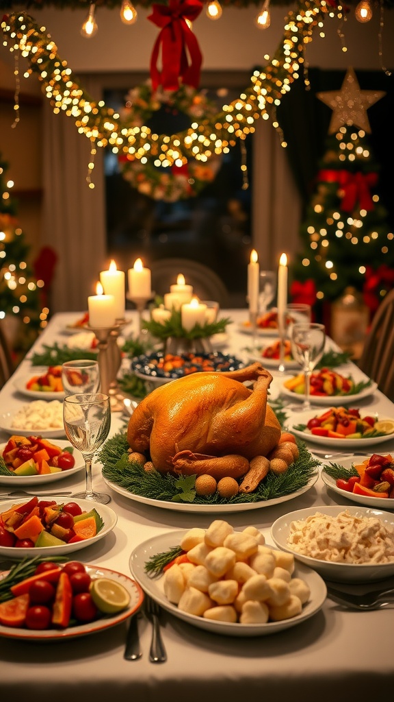 Festive Dinner with Christmas Decorations A festive Christmas dinner table with a roasted turkey, decorated with lights and holiday ornaments.